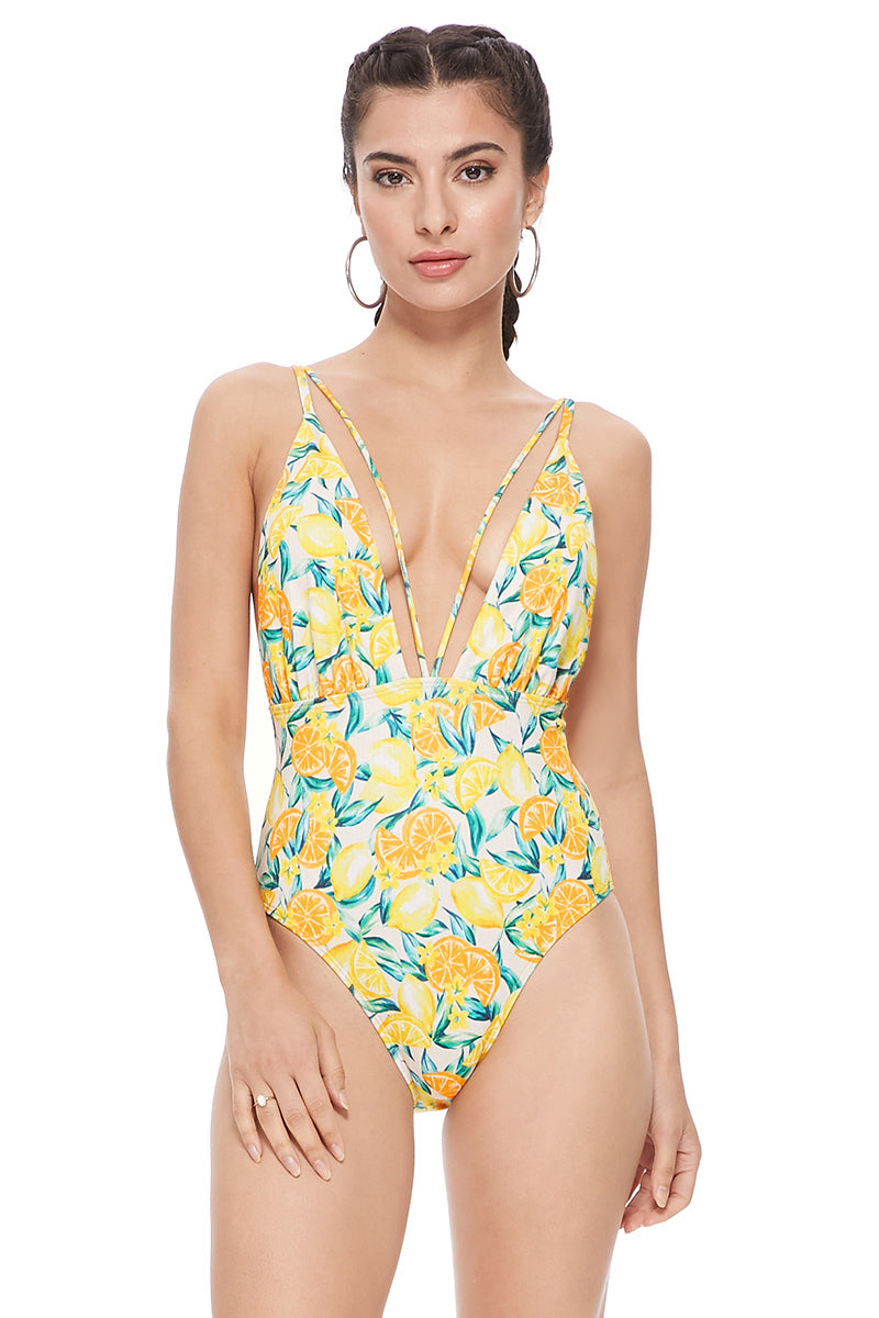 Lemon Print V-Plunge Strappy Mesh Insert One-Piece Swimsuit - L One-Piece Swimsuits