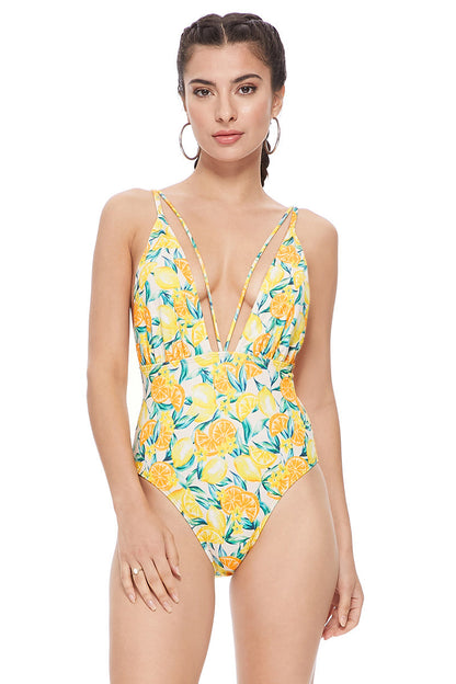 Lemon Print V-Plunge Strappy Mesh Insert One-Piece Swimsuit - L One-Piece Swimsuits