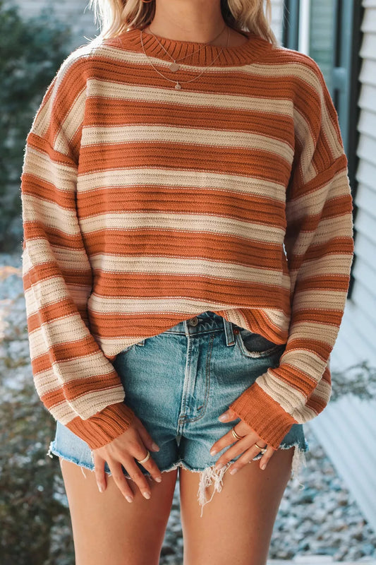 Women's Striped Oversized Dropped Shoulder Sweater Camel