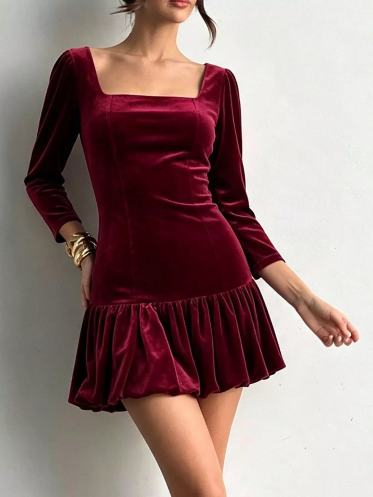 Christmas Velvet Square Neck Mini Dress with Ruffled Hem and Seam Details