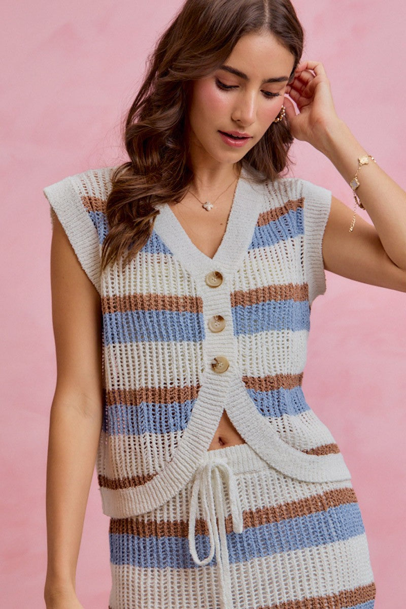 Multi-Color Stripe V-Neck Low Gauge Knit Sweater Vest — Breathable Casual Everyday Style - OFFW BLUE TAUPE Knit Vests