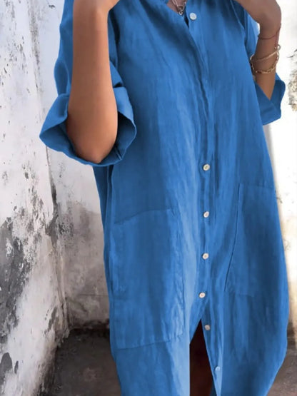 Women's Linen Button Down Shirt Mini Dress - Mini Dresses