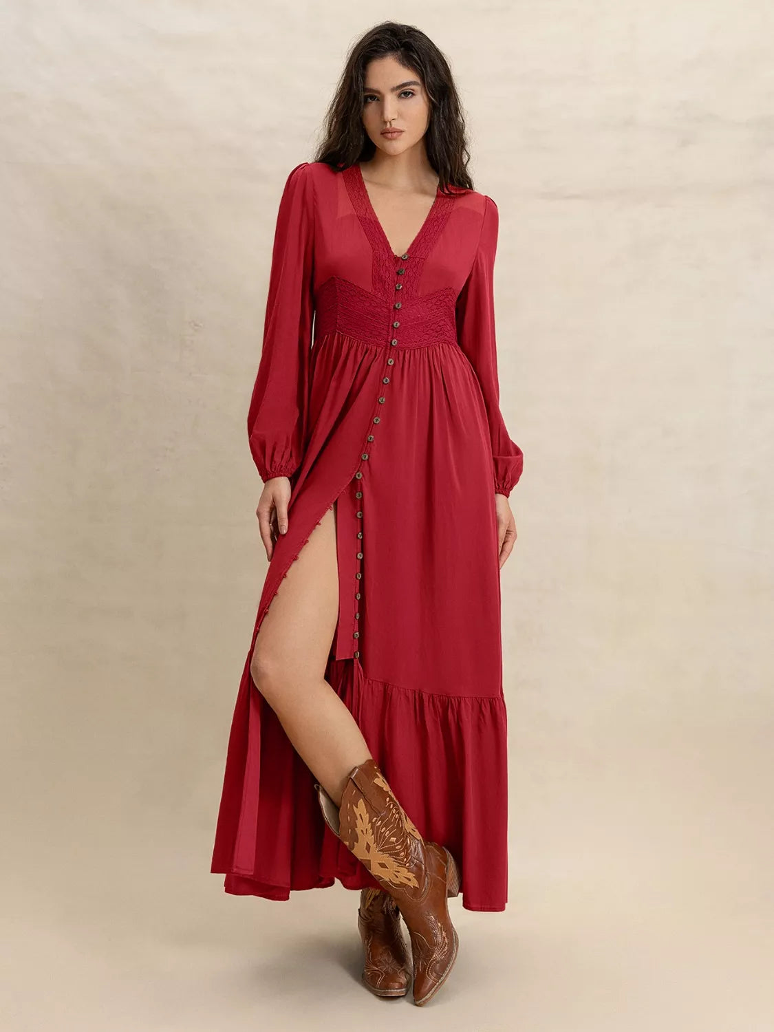 Women's Flowy V-Neck Balloon Sleeve Ruffled Hem Maxi Dress - Maxi Dresses
