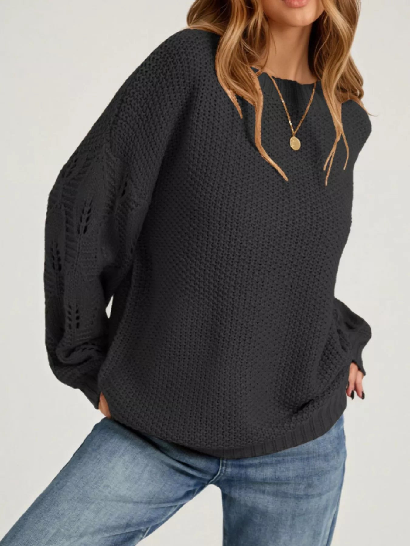 Textured Knit Openwork Sleeves Sweater Black