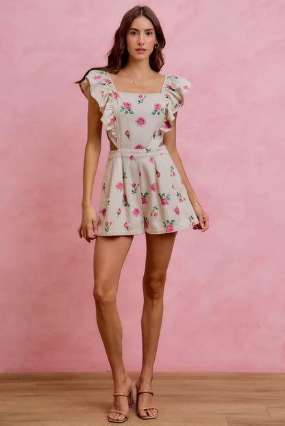 Floral Print Denim Cut-Out Waist Ruffled Romper — Playful Feminine Casual Sunny Style - Rompers