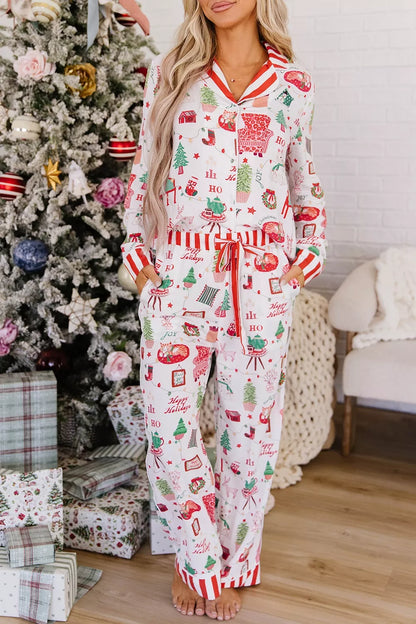 Striped Holiday Two-Piece Lounge Set with Button-Front Top and Matching Pants