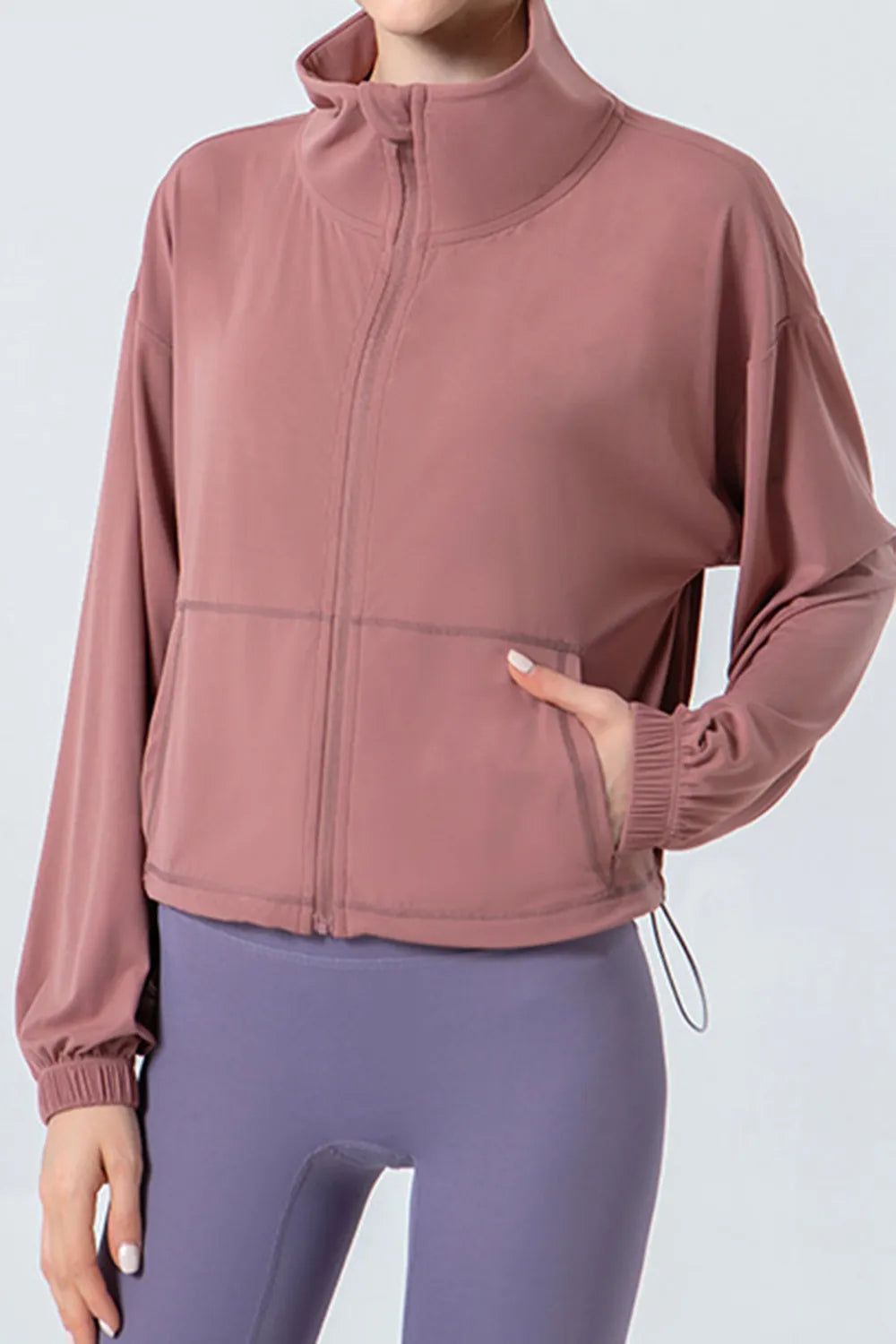 Side Drawstring Zip Up Dropped Shoulder Activewear Jacket Dusty Pink