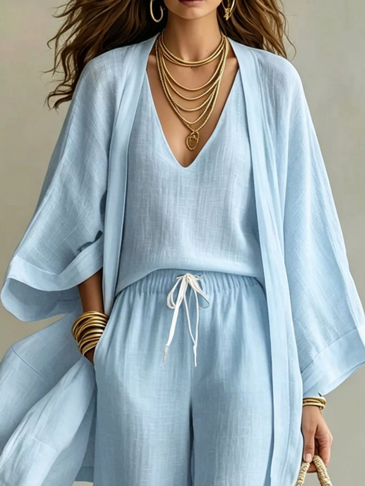 Three-Piece Lounge Set with V-Neck Top, Open Cardigan and Drawstring Pants