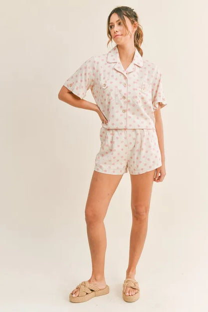 Polka Dot Collar Crop Top And Short Lounge Set - Loungewear