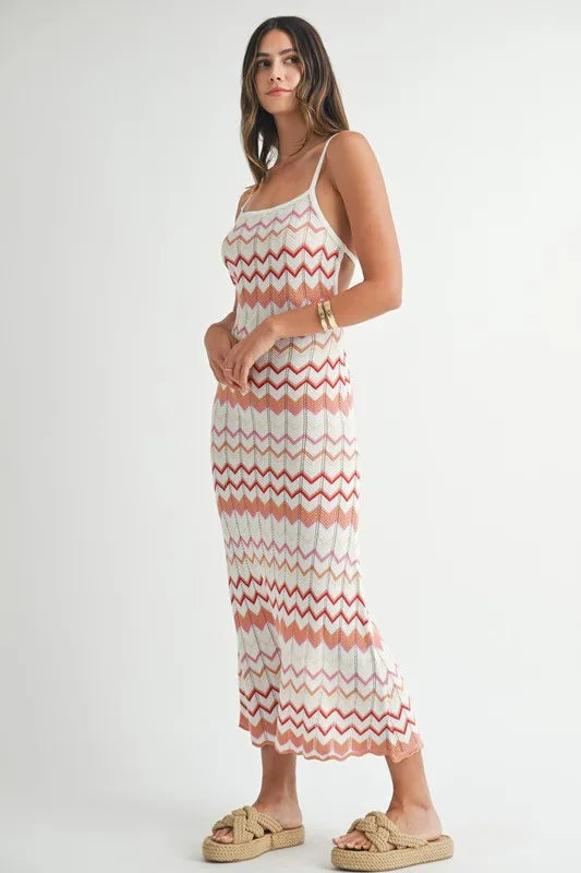 Lightweight Pointelle Chevron Knit Maxi Dress — Delicate Textured Flattering Everyday Style - Maxi Dresses