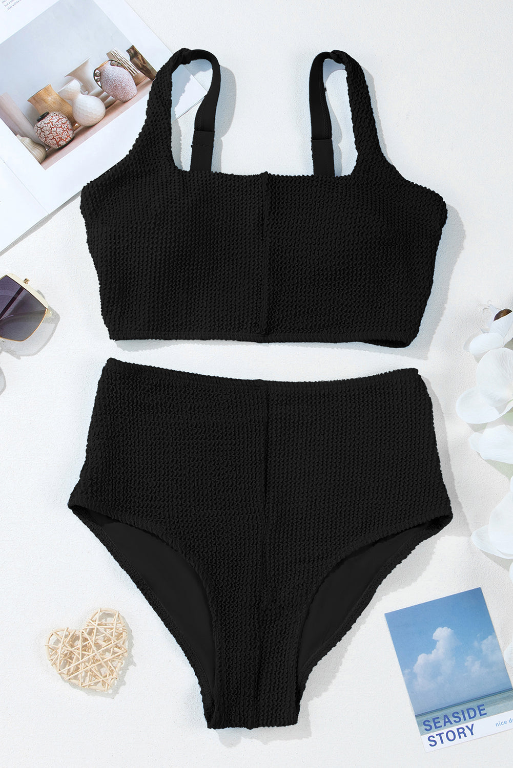 Colorblock Corded Square Neck High Waist Bikini Set — Modern Beach Statement Style - Swimwear/Bikinis