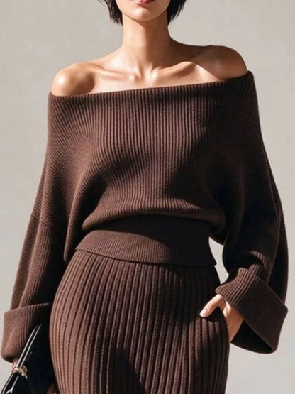 Off-Shoulder Ribbed Knit Two-Piece Top and Skirt Set