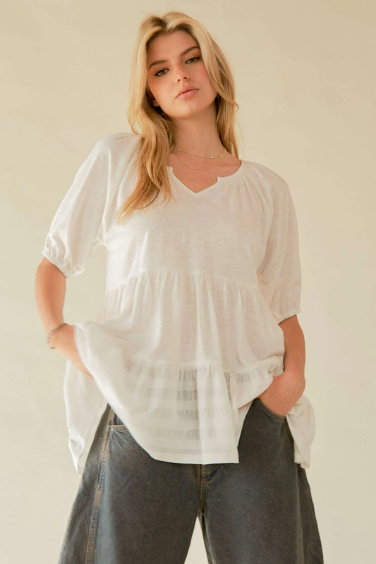 Ruffled Flared Short Sleeve V Neck Blouse – WHITE outfit idea for women | Ro + Ivy