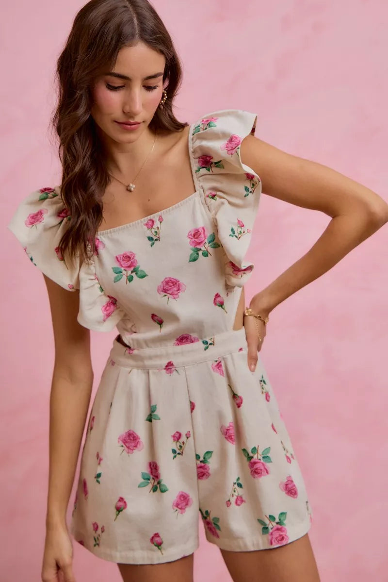Floral Print Denim Cut-Out Waist Ruffled Romper — Playful Feminine Casual Sunny Style - Rompers