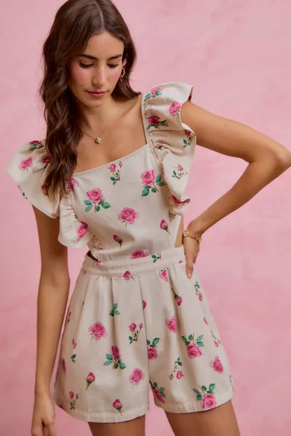 Floral Print Denim Cut-Out Waist Ruffled Romper — Playful Feminine Casual Sunny Style - Rompers