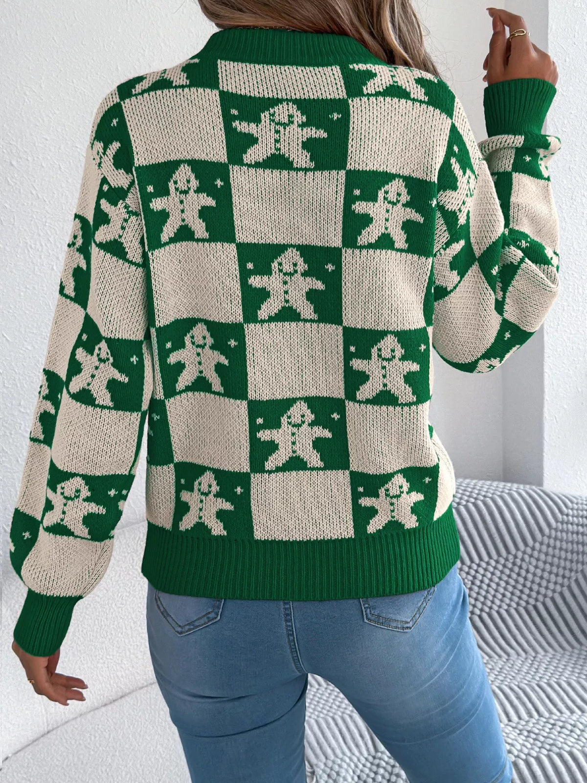 Christmas Checkerboard Gingerbread Print Round Neck Sweater
