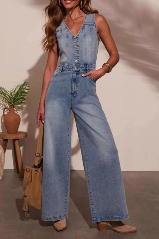 V-Neck Wide Leg Denim Jumpsuit - Medium Jumpsuits