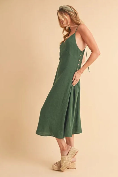 Side Button Cami Midi Dress in Emerald – outfit idea for women | Ro + Ivy