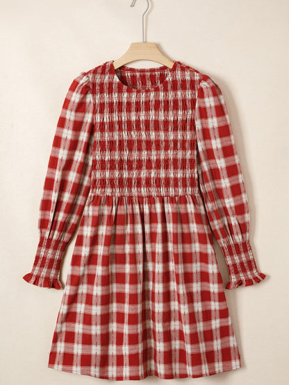 Women's Plaid Print Smocked Puff Sleeve Mini Dress - Mini Dresses