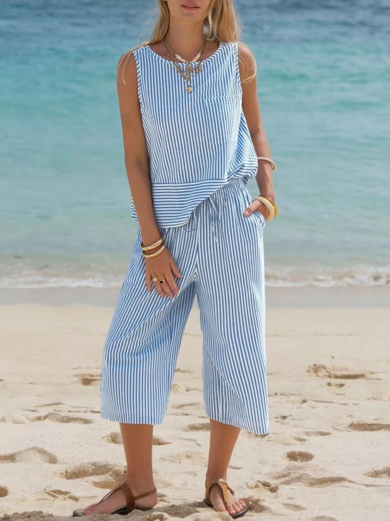 Women's Striped Sleeveless Top and Cropped Pants Set - Matching Sets