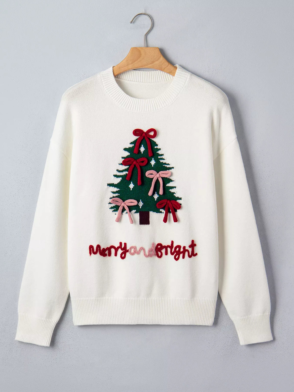 Christmas Tree Bow Drop-Shoulder Knit Sweater