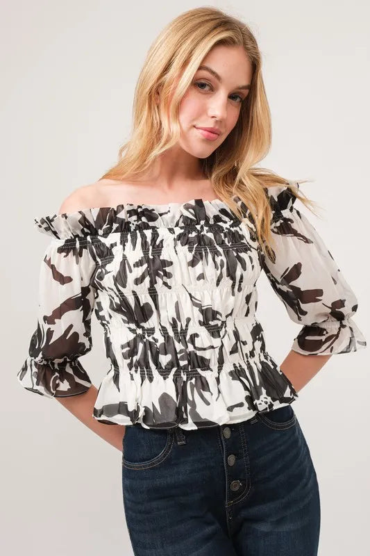 Smocked Off-Shoulder Floral Printed Top – outfit idea for women | Ro + Ivy