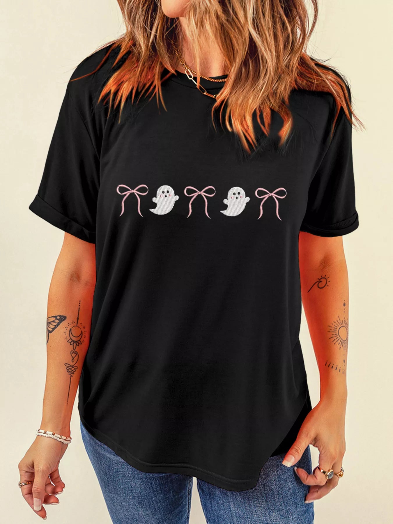 Halloween Ghost Bow Graphic Short Sleeve T-Shirt Black