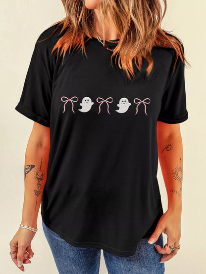 Halloween Ghost Bow Graphic Short Sleeve T-Shirt Black