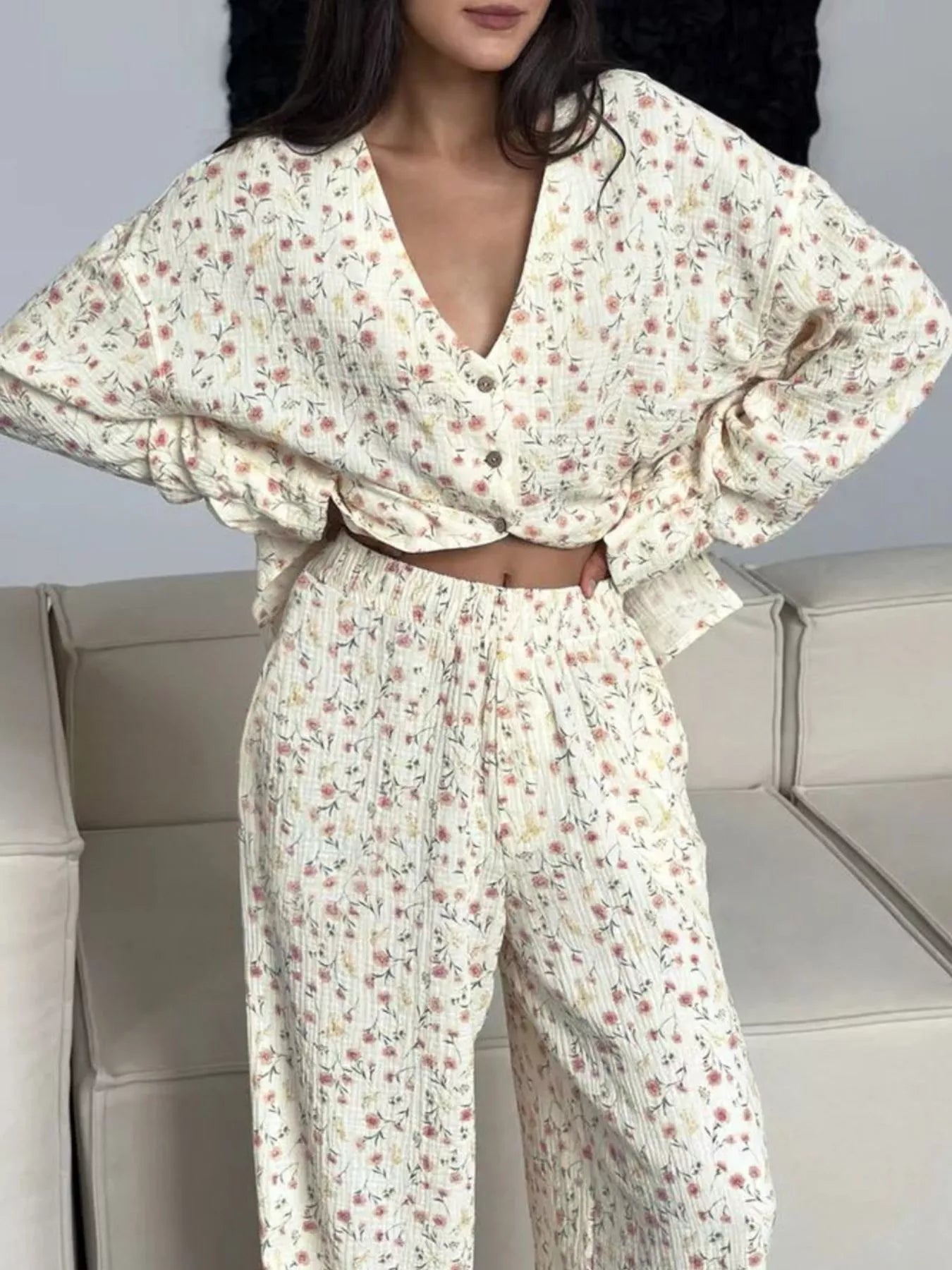 Floral Print Button-Down V Neck Top and Pants Loungewear Set - Loungewear Sets