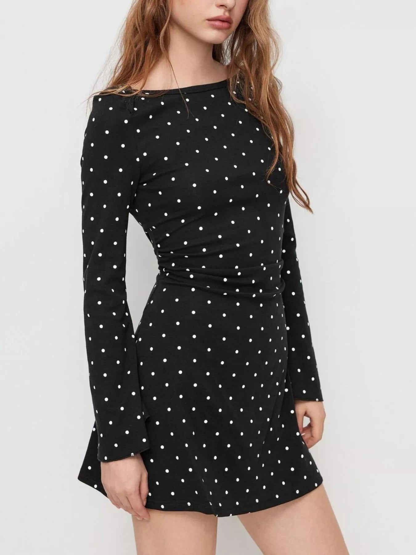Polka Dot Boat Neck Flare Sleeves Mini Dress