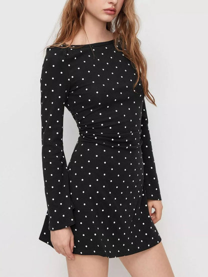 Polka Dot Boat Neck Flare Sleeves Mini Dress
