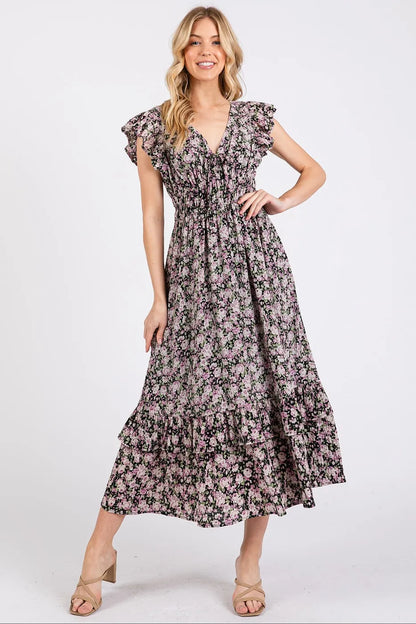 Flower Print Ruffle Cap Sleeve V-Neck Midi Dress in Black – BLACK outfit idea for women | Ro + Ivy