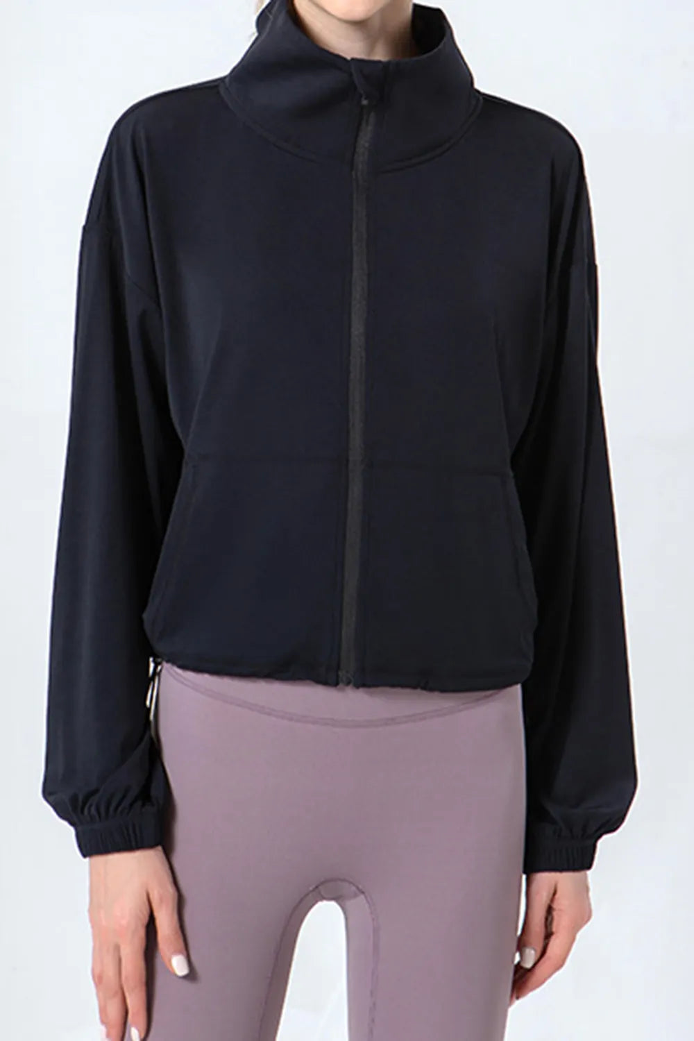 Side Drawstring Zip Up Dropped Shoulder Activewear Jacket Black