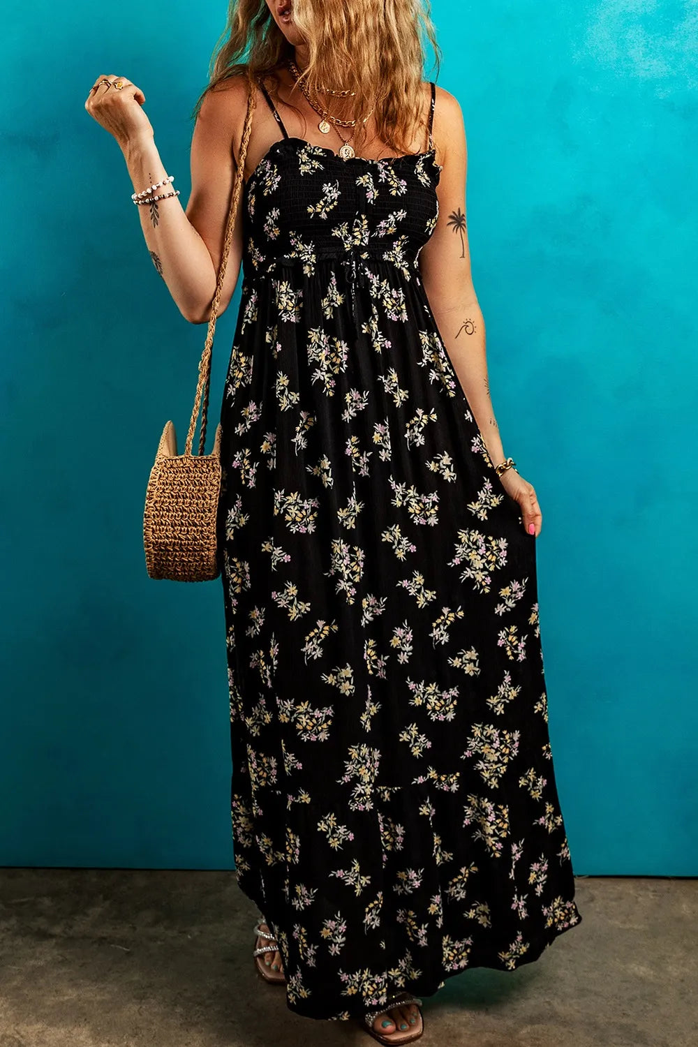 Floral Spaghetti Strap Shirred Bodice Tied Empire Waist Maxi Dress - Black Maxi Dresses