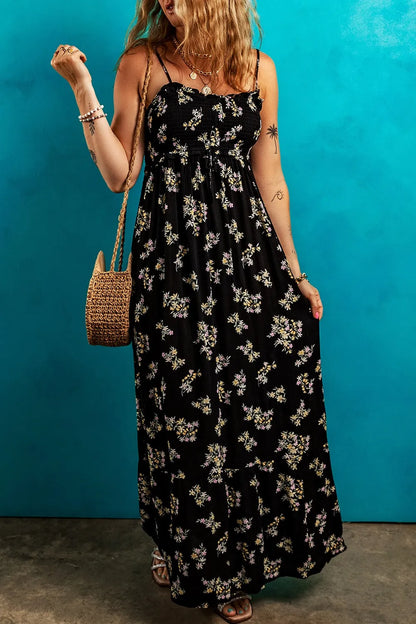 Floral Spaghetti Strap Shirred Bodice Tied Empire Waist Maxi Dress - Black Maxi Dresses