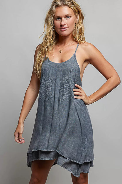 Women's Embroidered Adjustable Strap Mini Dress - Mini Dresses