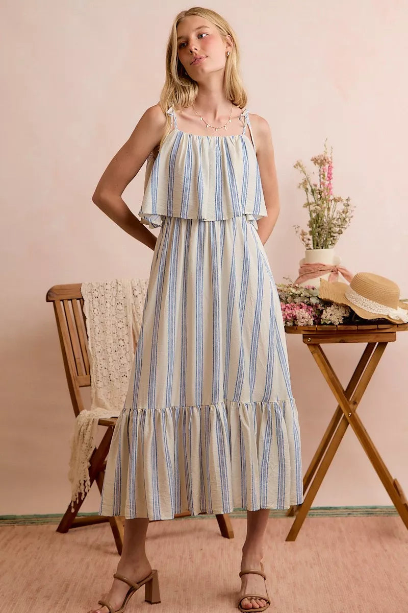 Women's Striped Tiered Shoulder Tie Midi Dress - Midi Dresses
