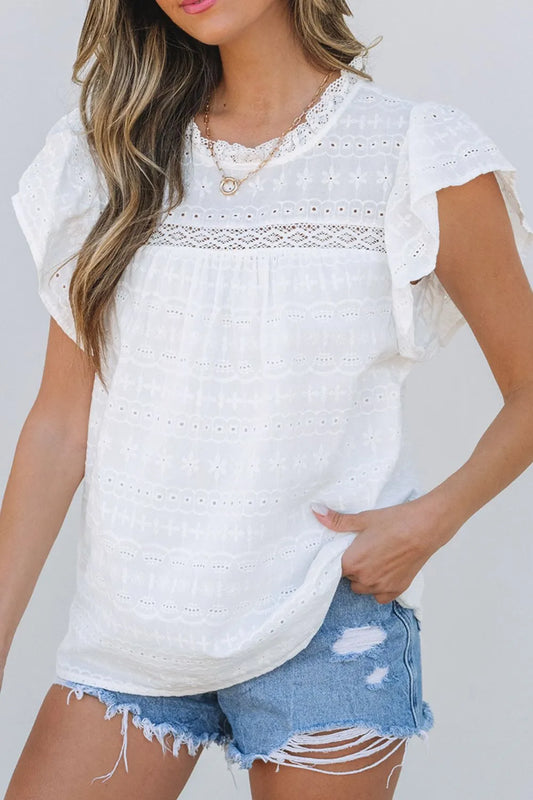 Round Neck Flutter Sleeve Eyelet Blouse with Lace - White Blouses