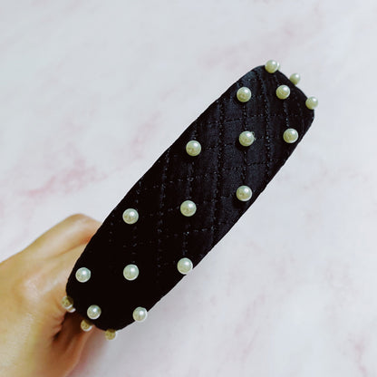 Quilted Pearl Embellished Headband — Hand-Nailed Detail Classic Style - Noble Black Headbands