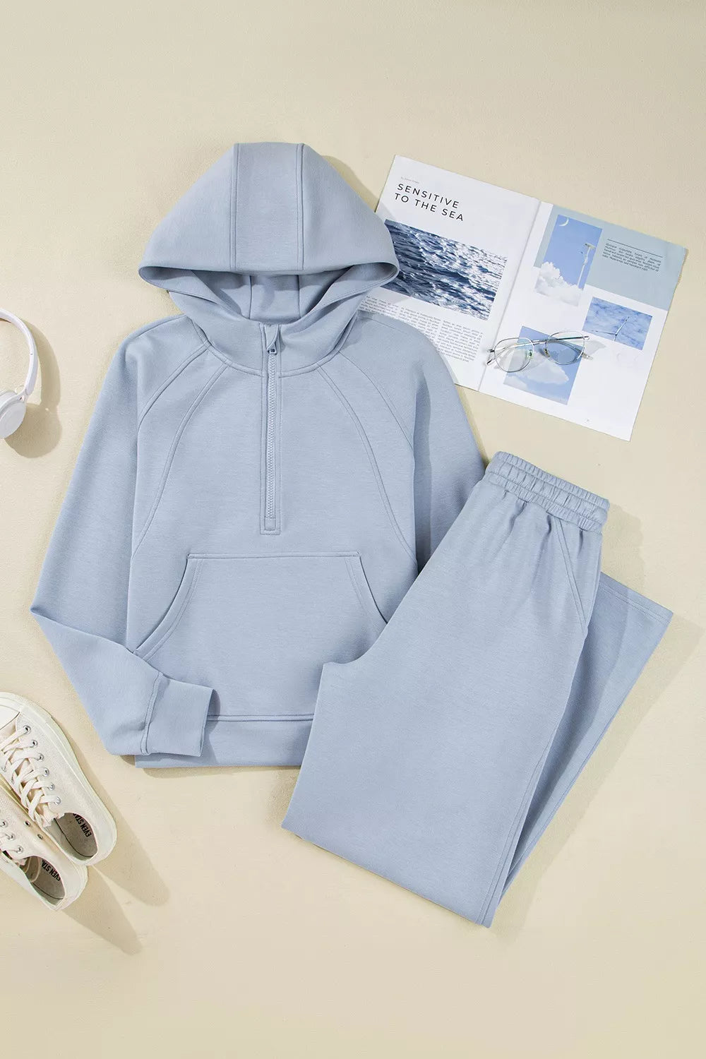 Women's Half Zip Thumbhole Sleeve Hoodie and Pants Set - Activewear Sets