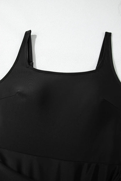 Solid Wrap Tie Waist Square Neck A-Line Swim Dress — Slimming Silhouette Elegant Beach Style - Swimwear