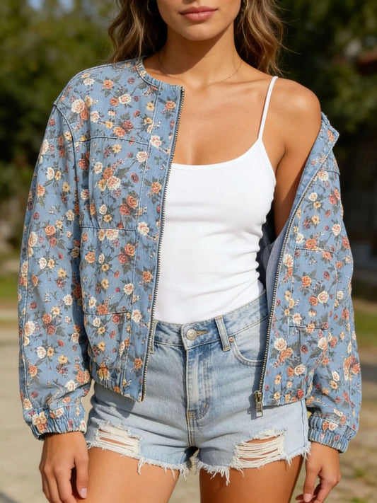 Women's Floral Print Zip Up Denim Jacket Light Blue