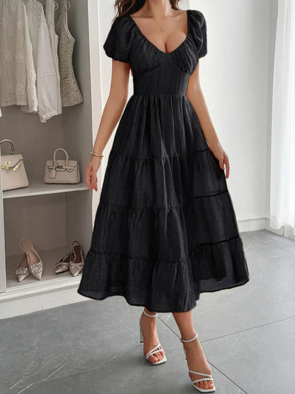 Scoop Neck Backless Tiered Puff Sleeve Midi Dress - Mini Dresses