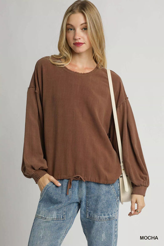Cotton-Linen Long Sleeve Blouse - MOCHA Blouses