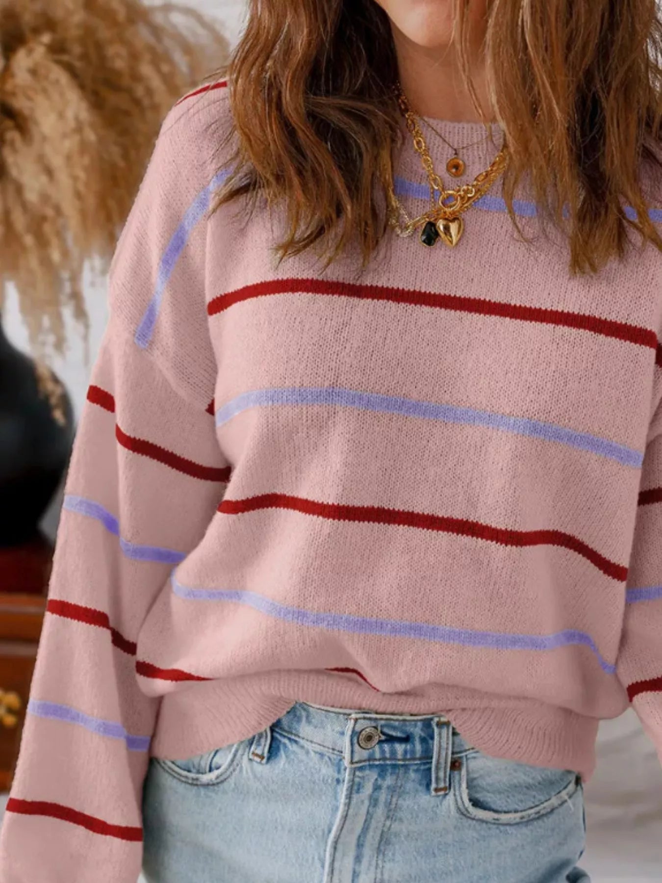 Women's Striped Round Neck Drop Shoulder Sweater - Sweaters