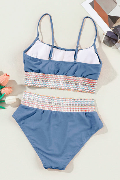 Stripe Border Spaghetti Strap High Waist Bikini Set — Flattering Beach Style - Swimwear/Bikinis