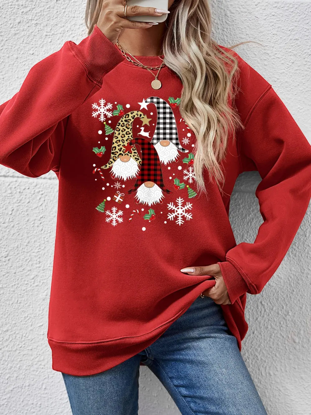 Faceless Gnomes Graphic Drop-Shoulder Sweatshirt Deep Red