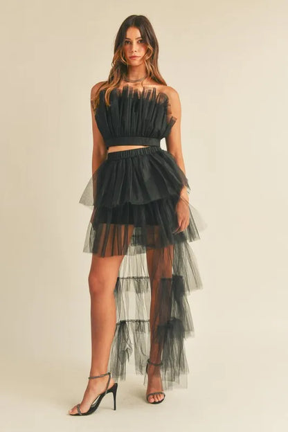 Tulle Tube Ruffle Crop Top And High Low Maxi Skirt Set – Black outfit idea for women | Ro + Ivy