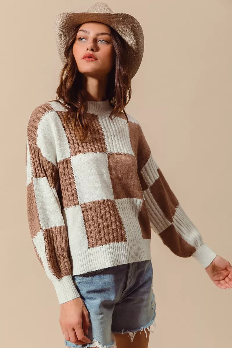 Ribbed Color Block Checkered Plaid Sweater - Sweaters