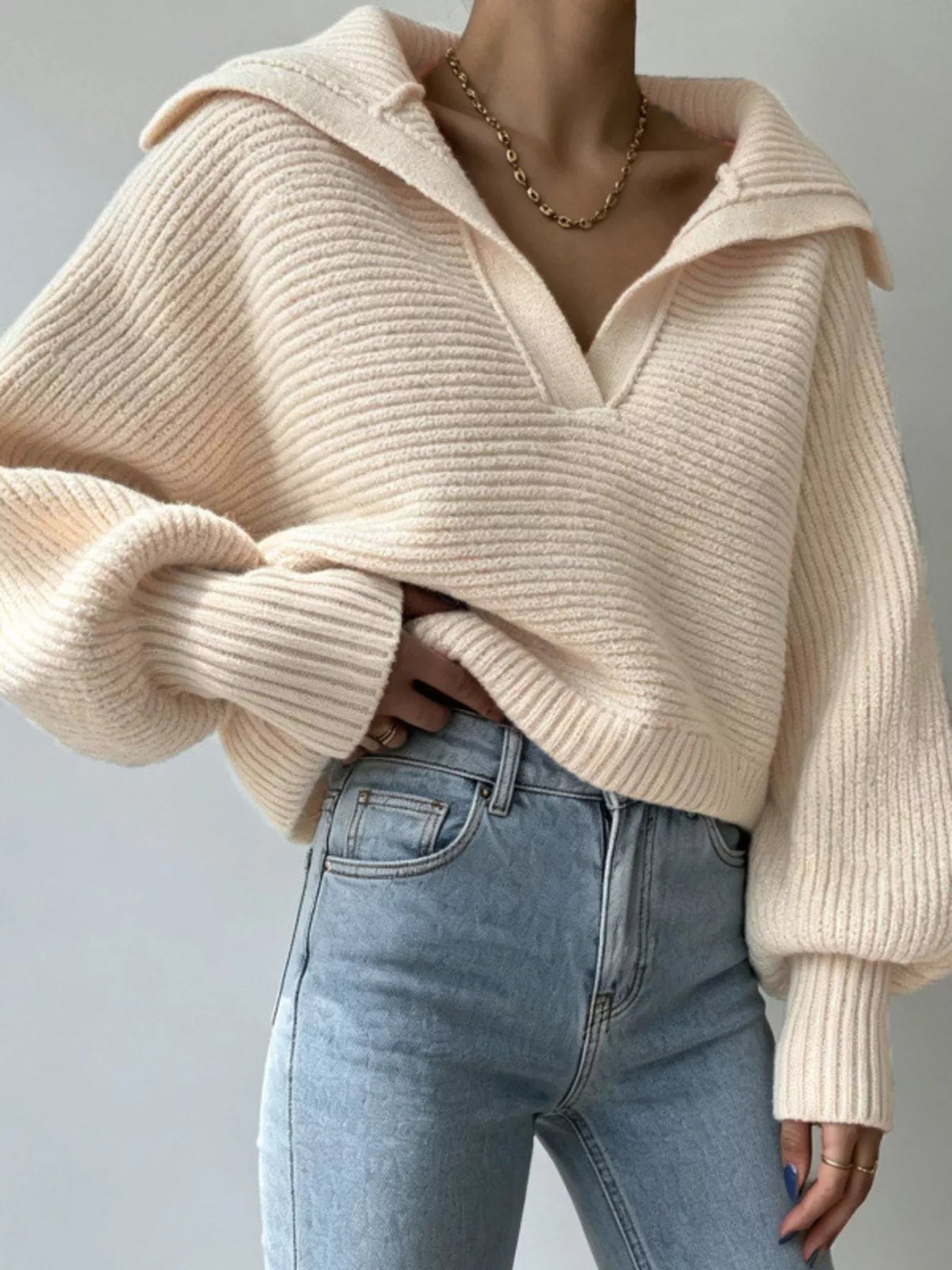 Oversized Collar Ribbed Cropped Sweater Apricot